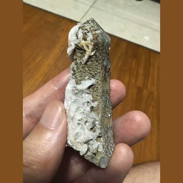 Dragon scale quartz with white calcite — detail view
