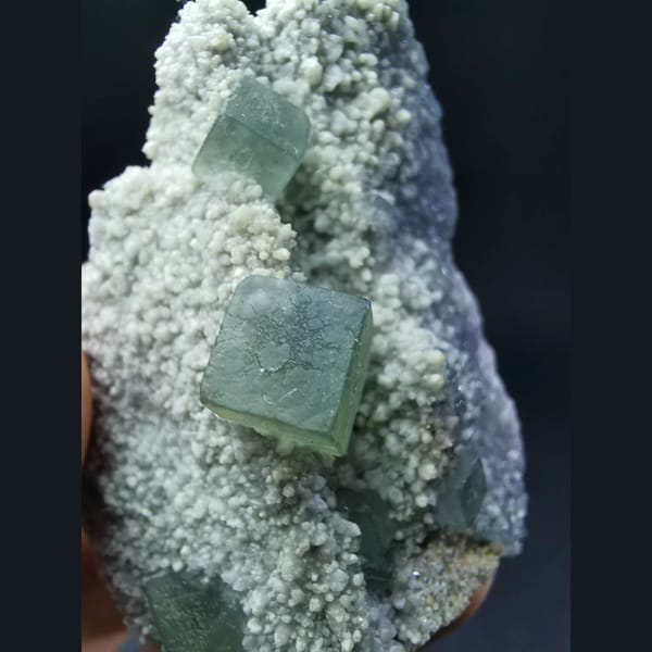 Muted green fluorite cubes on druzy matrix from Inner Mongolia — alternate view