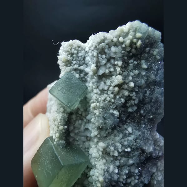 Muted green fluorite cubes on druzy matrix from Inner Mongolia — alternate view