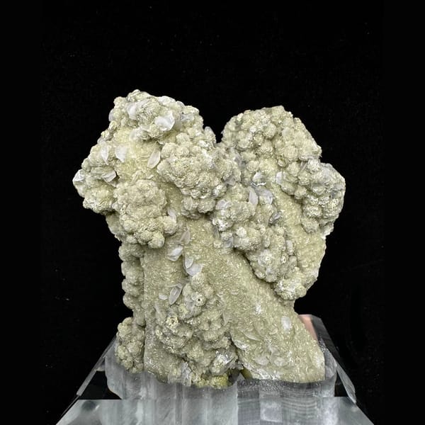 Quartz group covered in white petal calcite and yellow-green calcite from Inner Mongolia — complete view