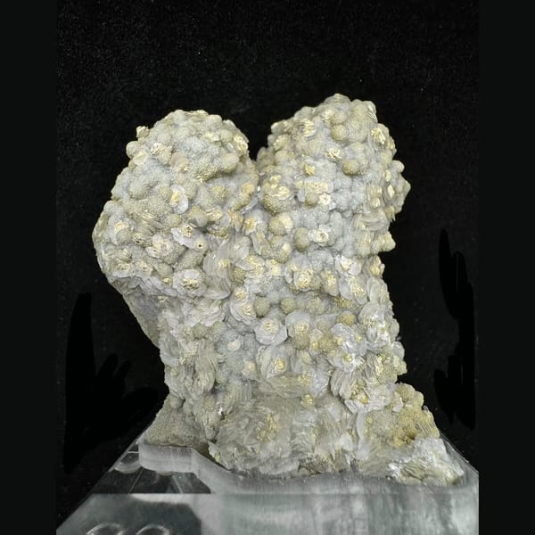 Quartz group covered in white petal calcite and yellow-green calcite from Inner Mongolia — alternate view