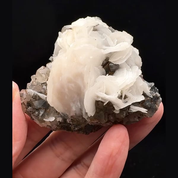 White petal calcite on smoky quartz with specular hematite from Inner Mongolia — complete view