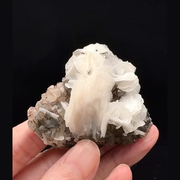 White petal calcite on smoky quartz with specular hematite from Inner Mongolia — alternate view