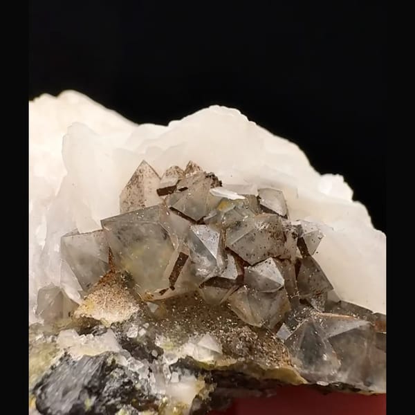 White petal calcite on smoky quartz with specular hematite from Inner Mongolia — alternate view