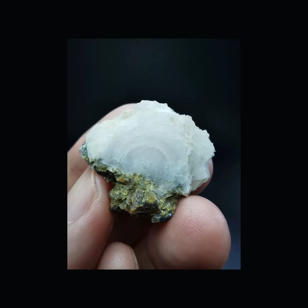 Whole fan-shaped white calcite with dark specular hematite, front view