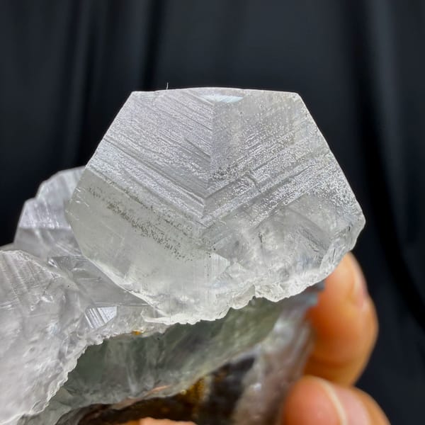 Star-twinned calcite with purple-cored green fluorite and pyrite from Fujian — alternate view