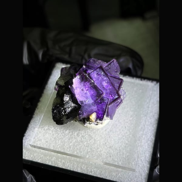 Royal purple fluorite on wolframite from Yaogangxian — detail view