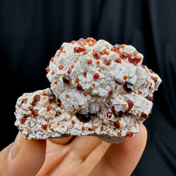 Glossy red-brown garnet crystals on white feldspar from Fujian — complete view