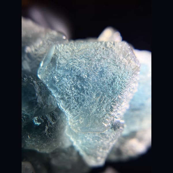 Etched octahedral blue-green fluorite from Huanggangliang — detail view