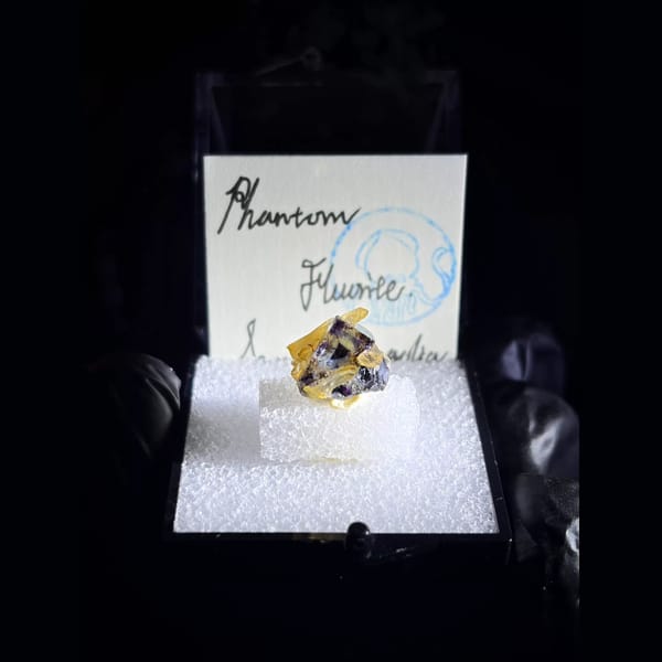 Phantom fluorite with iridescent quartz from Yindu in a specimen box — complete view