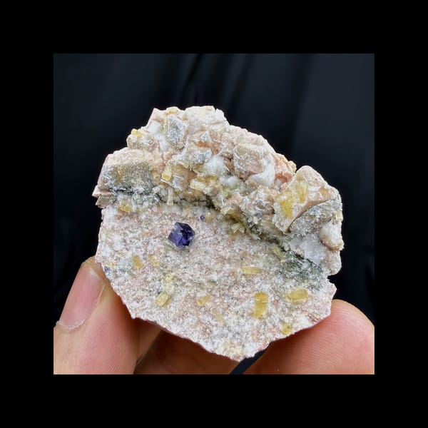 Complete crystal-bearing face of blue fluorite with zeolite and feldspar