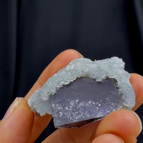 Complete reverse source-video view of the exact purple fluorite and calcite