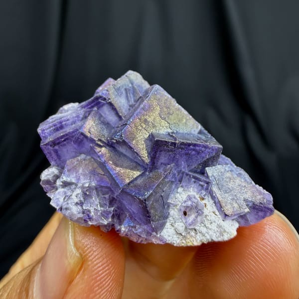 Complete front source-photo view of iridescent purple fluorite