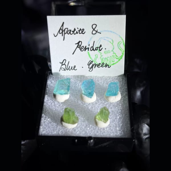 Blue apatite and green peridot crystals in a small display box — complete view