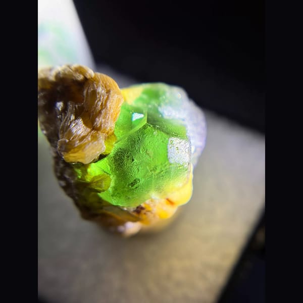 Emerald-green fluorite with muscovite from Erongo, Namibia — detail view