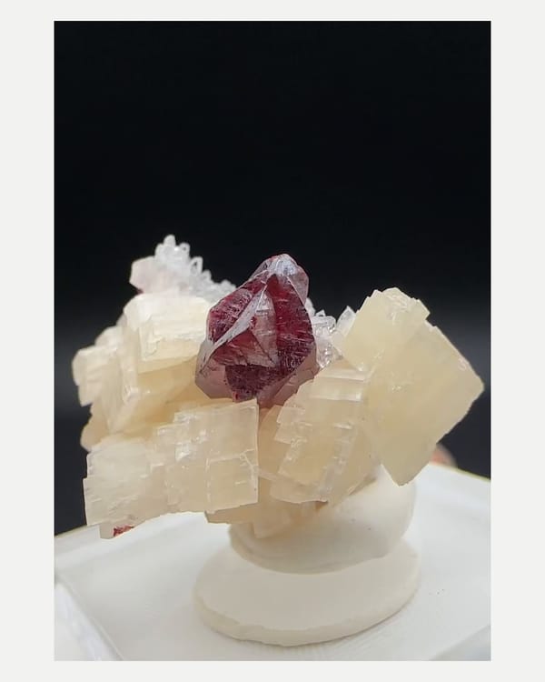 Complete front view of the exact cinnabar with dolomite and quartz specimen