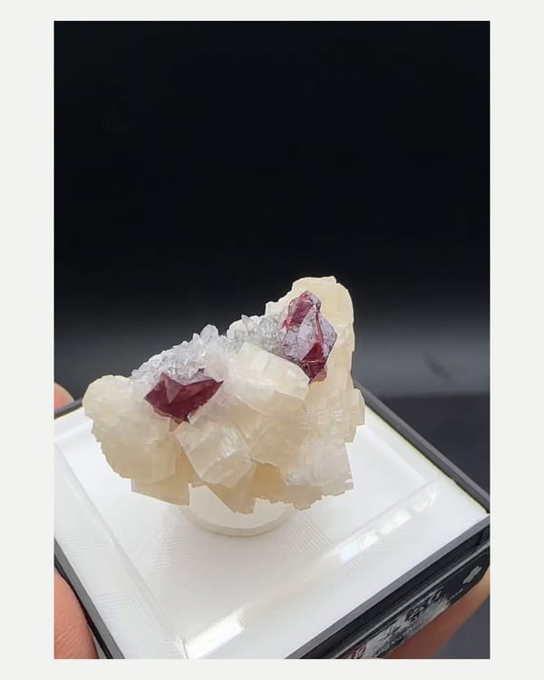 Complete side view of the exact cinnabar with dolomite and quartz specimen