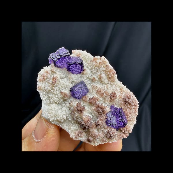 Complete crystal-bearing face of purple fluorite on quartz