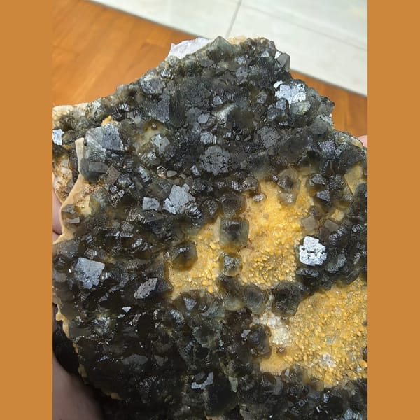 Large blue-green fluorite on calcite matrix — alternate view