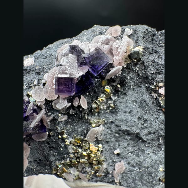 Purple-blue cubic fluorite with pyrite and rhodochrosite — detail view
