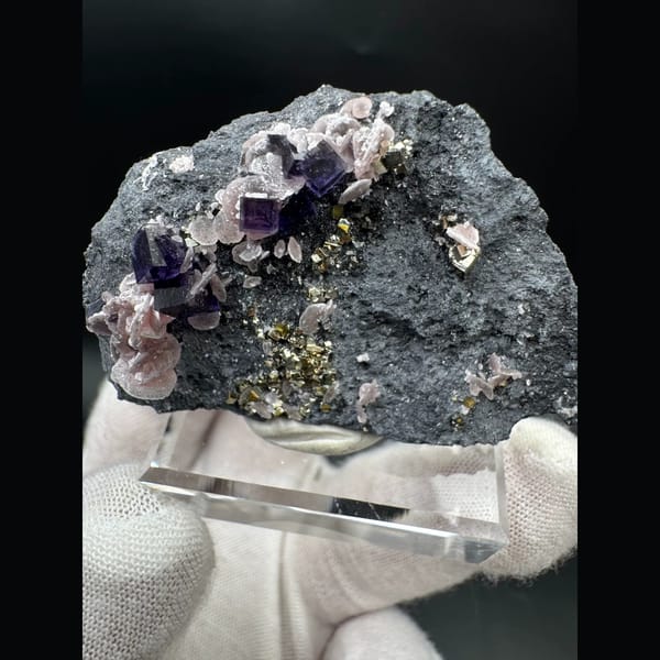 Purple-blue cubic fluorite with pyrite and rhodochrosite — detail view