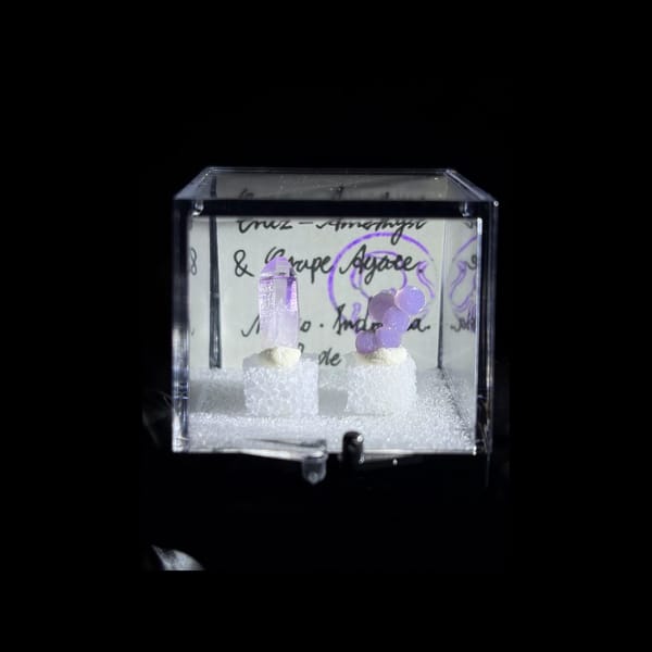 Cruz amethyst point and lavender grape agate in a display box — detail view