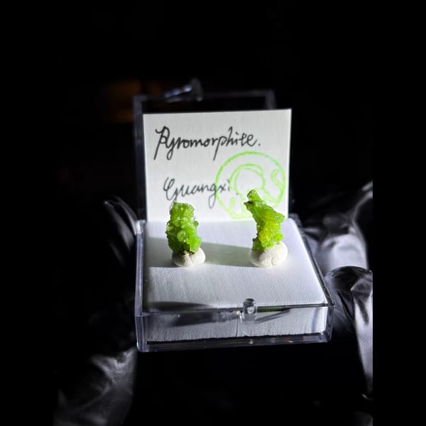 Two bright green pyromorphite clusters from Guilin — complete view