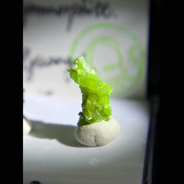 Two bright green pyromorphite clusters from Guilin — alternate view