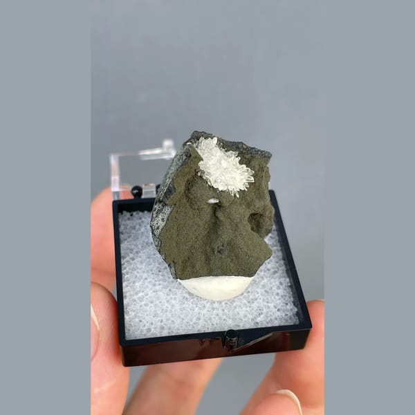 White calcite crystals on dark matrix from Vietnam — detail view
