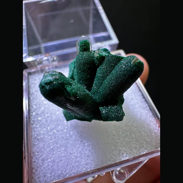 Velvety green malachite with barite from Congo — alternate view