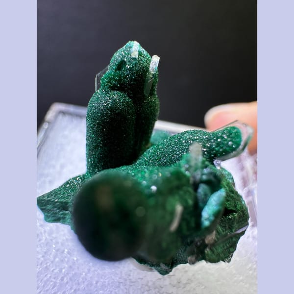 Velvety green malachite with barite from Congo — detail view