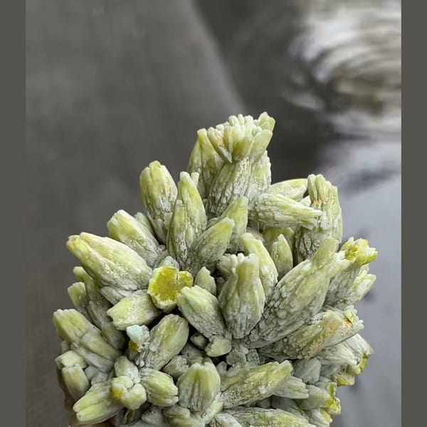 Green plumbogummite crystal cluster from Guilin, Guangxi — alternate view