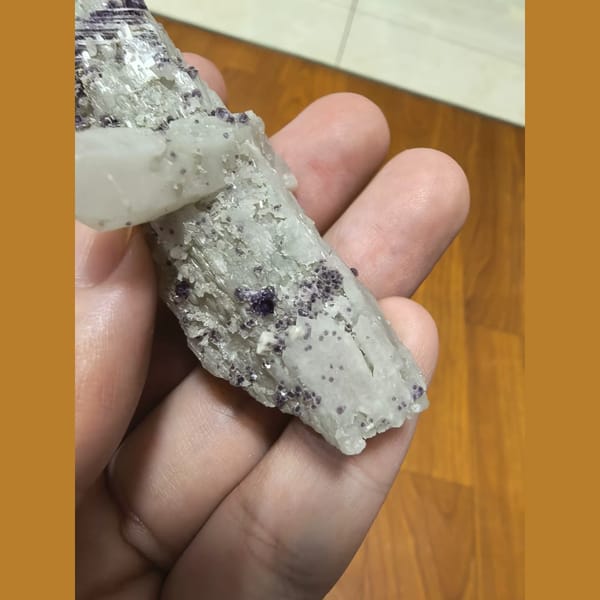 Purple beaded fluorite on slender white quartz crystal — detail view