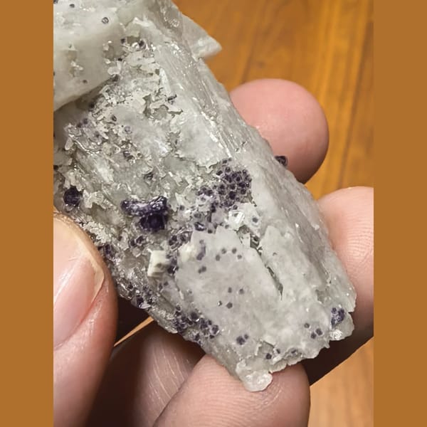 Purple beaded fluorite on slender white quartz crystal — detail view
