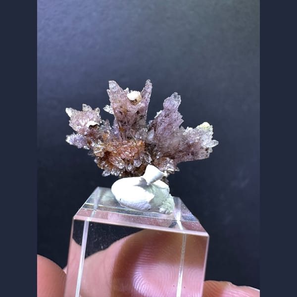 Radiating mauve-pink creedite spray from Guizhou — detail view