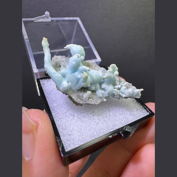Pale blue coral-like aragonite on matrix from Yunnan — alternate view