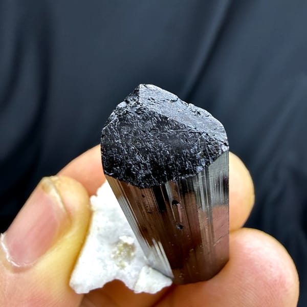 Complete rough upper-end view of black tourmaline with feldspar matrix