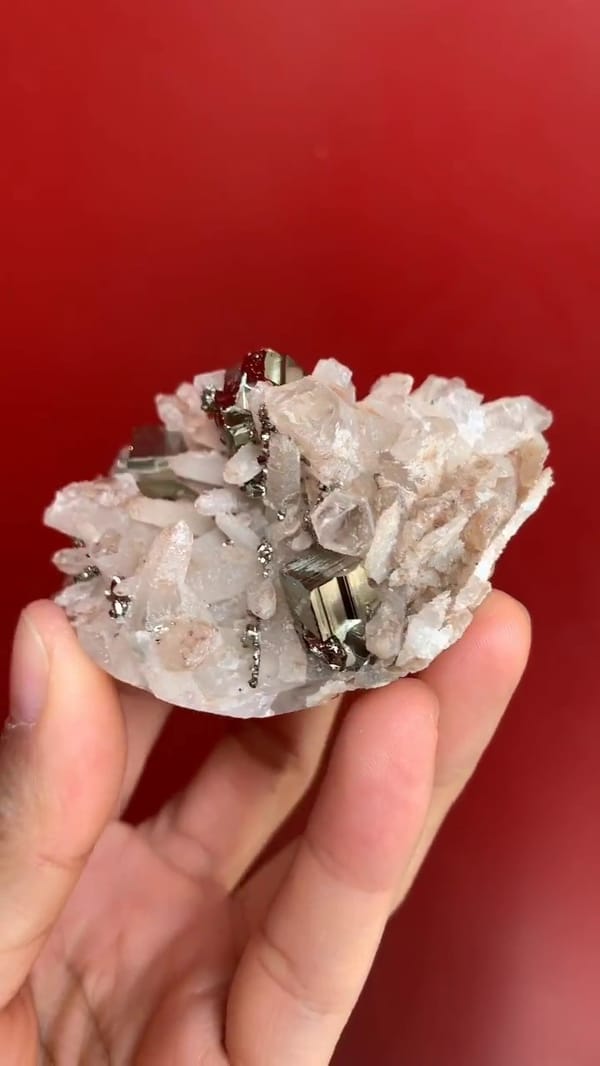 Complete oblique view of the same Hubei cubic pyrite and quartz mineral specimen