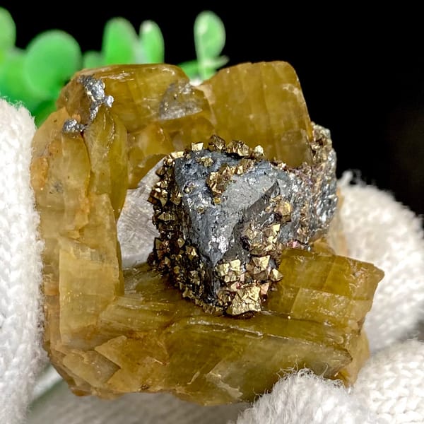 Grey tetrahedrite and brassy chalcopyrite in golden-brown siderite — detail view