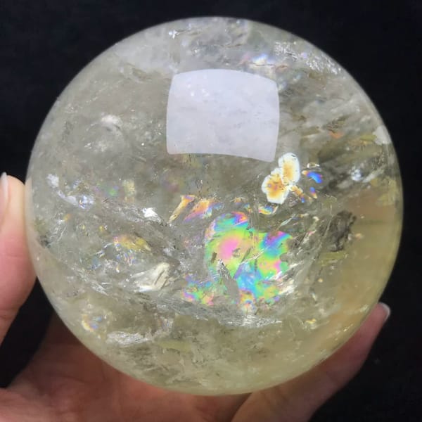 Pale yellow citrine quartz sphere with rainbows from Brazil — alternate view