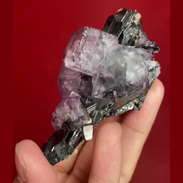 Yaogangxian wolframite with purple fluorite quartz mica — alternate view