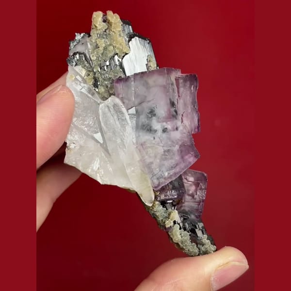 Yaogangxian wolframite with purple fluorite quartz mica — alternate view