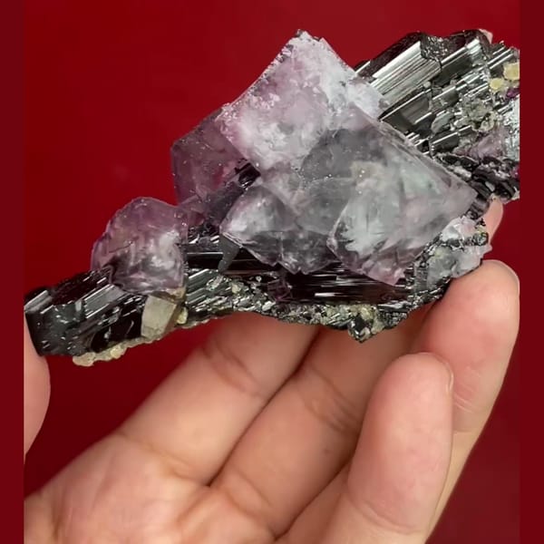 Yaogangxian wolframite with purple fluorite quartz mica — detail view