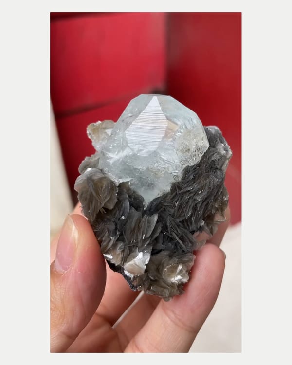 Complete front view of aquamarine crystal with mica