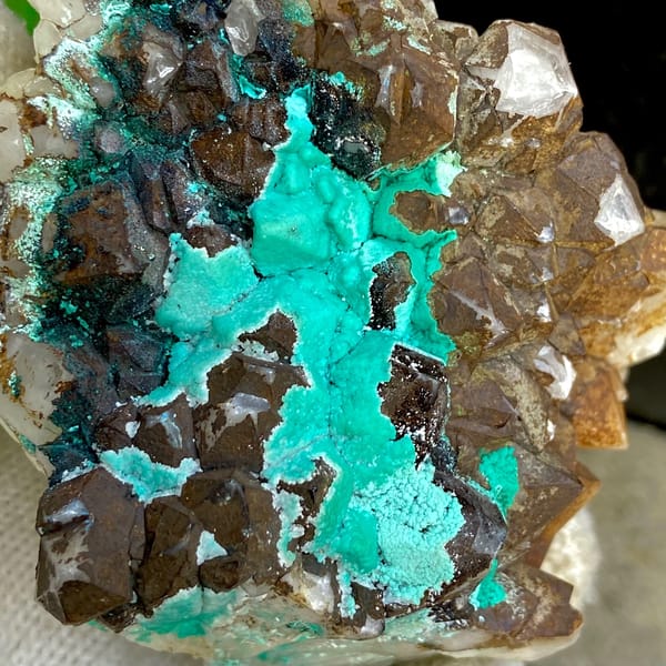 Turquoise chrysocolla among smoky quartz crystals — alternate view