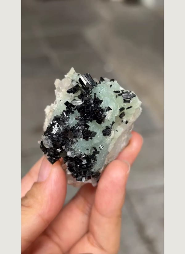 Complete front of black babingtonite crystals on pale mint-green prehnite and quartz, Zhaotong, Yunnan