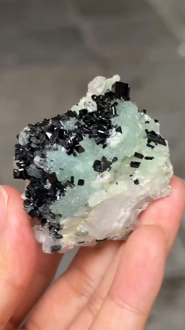Complete oblique view of glossy black babingtonite crystals across mint prehnite and pale quartz