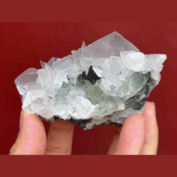 Pale green fluorite with white bladed calcite from Xianghuapu, Hunan — alternate view