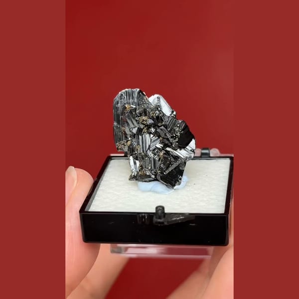 Black bladed wolframite with pyrite from Yaogangxian, Hunan — alternate view