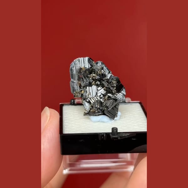 Black bladed wolframite with pyrite from Yaogangxian, Hunan — detail view